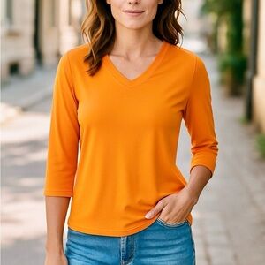 Soft Surroundings Petite Knit Orange 3/4 Sleeve Basic Blouse Top Sz PS